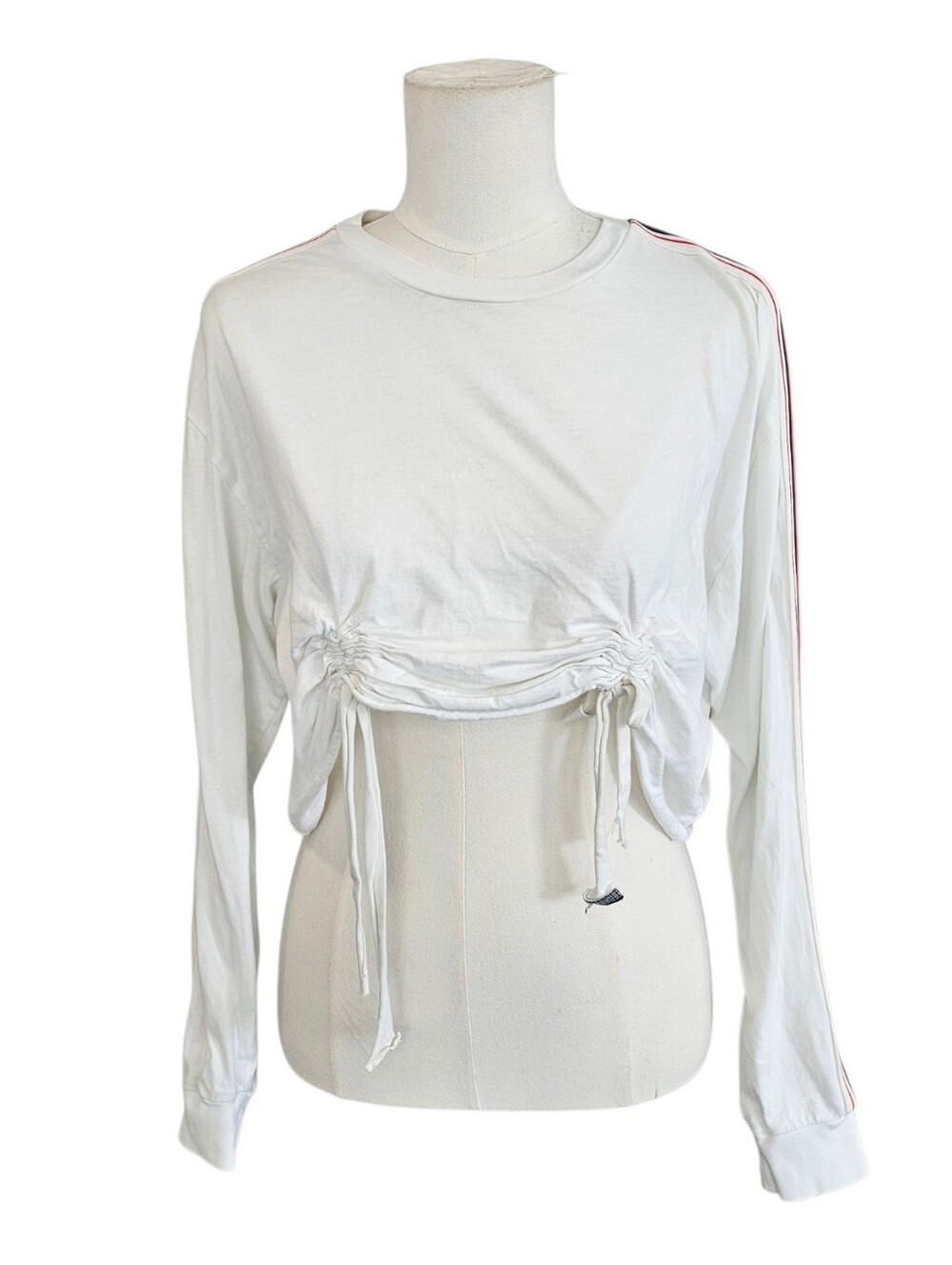 TNA White Cropped Long-Sleeve Drawstring Top with Shoulder Stripe S